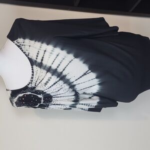 CHRISTINE ALEXANDER Black White Tie-Dye Bling Shoulder Flutter Sleeve Top